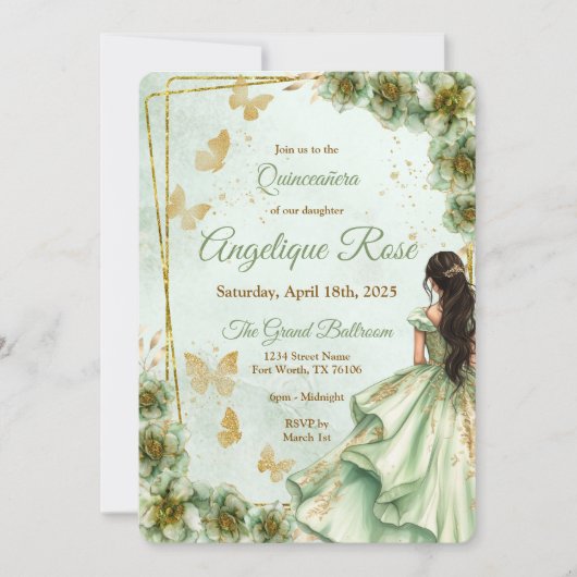 Sage green quinceanera invitation 招待状 (正面)