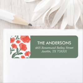 Sage Green Red Watercolour Floral Return Address ラベル
