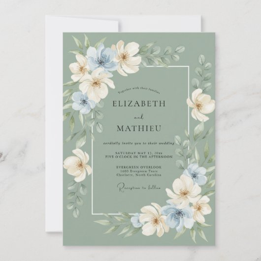 Sage Green Refined Botanical Wedding 招待状 (正面)