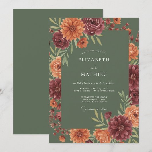 Sage Green Refined Fall Wedding 招待状 (正面/裏面)