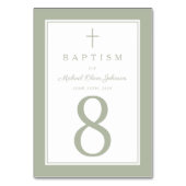 Sage Green Religious Cross Boy Baptism テーブルナンバー (正面)