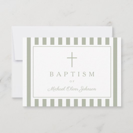 Sage Green Religious Cross Boy Baptism  出欠カード (裏面)