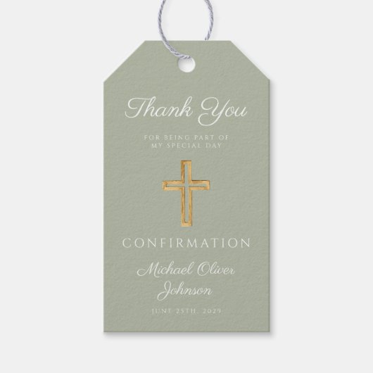 Sage Green Religious Cross Boy Confirmation ギフトタグ (正面)