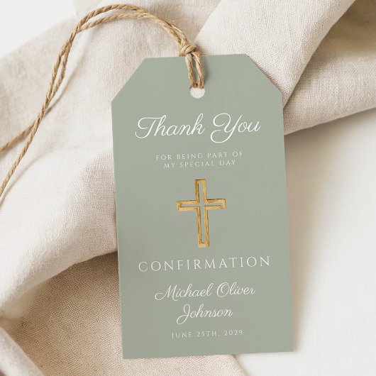 Sage Green Religious Cross Boy Confirmation ギフトタグ