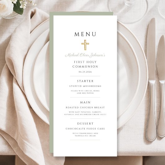 Sage Green Religious Cross Boy First Communion メニュー
