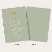Sage Green Religious Cross Boy First Communion 招待状