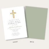 Sage Green Religious Cross Boy First Communion 招待状