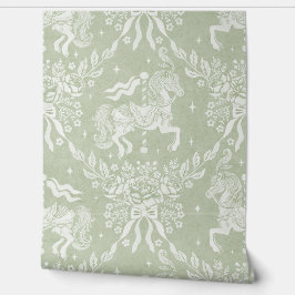 Sage Green Rococo Carousel Horses and Florals 壁紙
