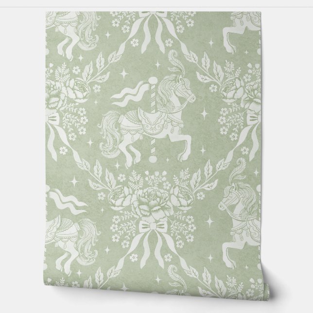 Sage Green Rococo Carousel Horses and Florals 壁紙 (ほどく)