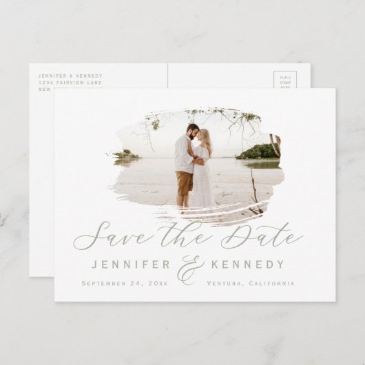 Sage Green Romantic Brushed Frame日付を保存 ポストカード (正面/裏面)