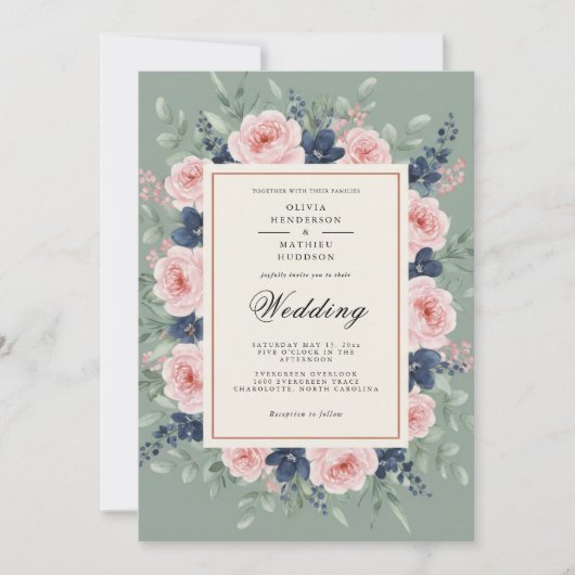 Sage Green Romantic Floral Wedding 招待状 (正面)
