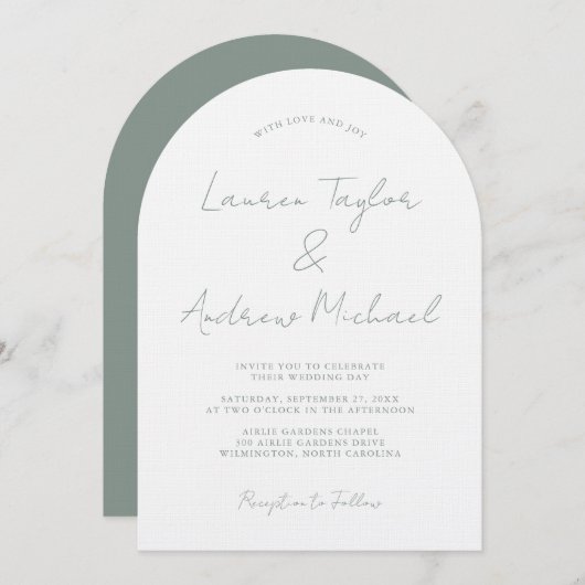 Sage Green Romantic Modern Arch Wedding Invitation 招待状 (正面/裏面)