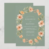 Sage Green Romantic Peach Wedding 招待状 (正面/裏面)