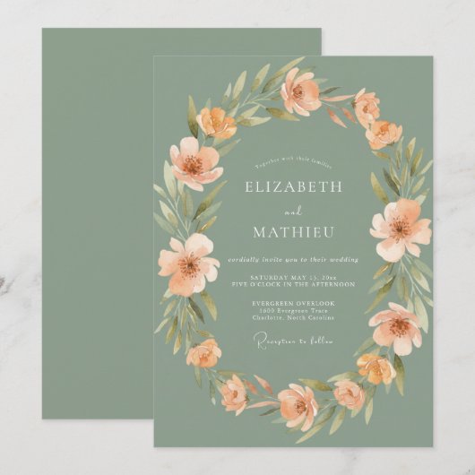 Sage Green Romantic Peach Wedding 招待状 (正面/裏面)