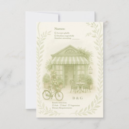 sage green romantic wedding outdoor café 出欠カード (裏面)