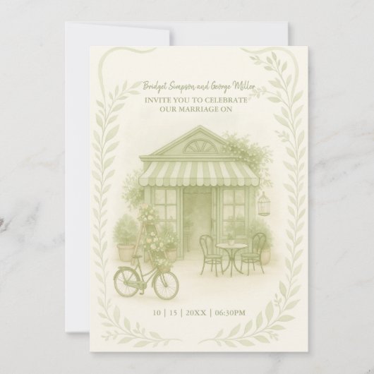 sage green romantic wedding outdoor café 招待状 (正面)