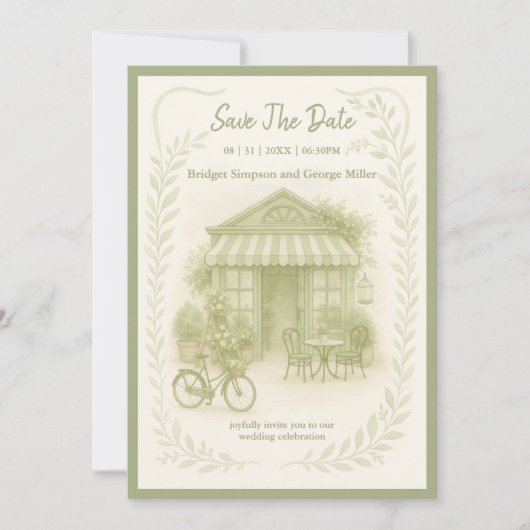 sage green romantic wedding outdoor save the date 招待状 (正面)