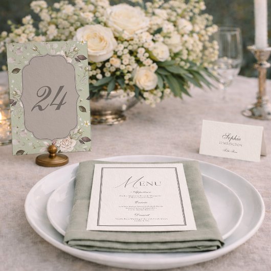 Sage Green Rose Wedding Table Numbers 20-29 招待状