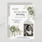 Sage green Roses gold leaves 80th birthday Photo  招待状 (正面/裏面)