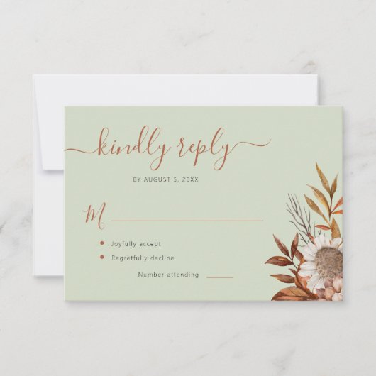 Sage green rust foliage boho floral wedding 出欠カード (正面)