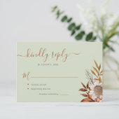 Sage green rust foliage boho floral wedding 出欠カード (スタンド正面)