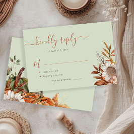 Sage green rust foliage boho floral wedding 出欠カード