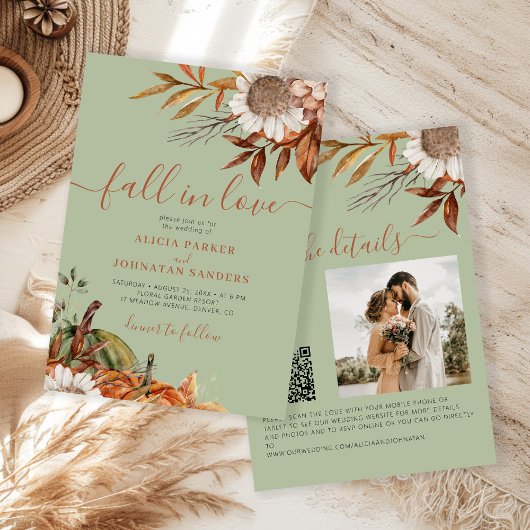 Sage green rust leaves boho floral fall wedding 招待状
