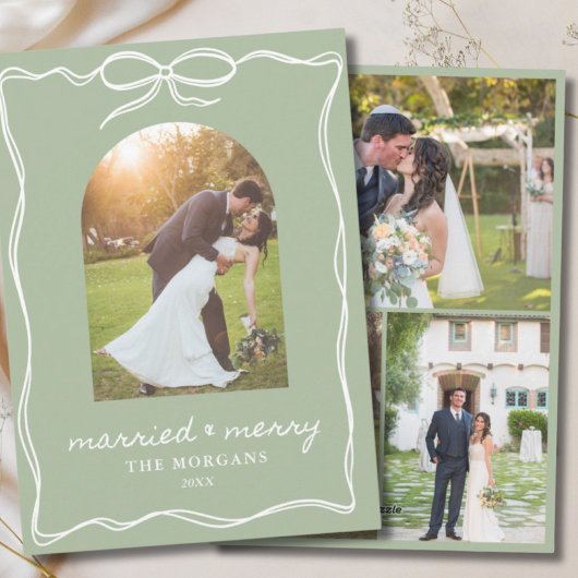 Sage Green Rustic Married & Merry 4 Photo Wedding シーズンカード