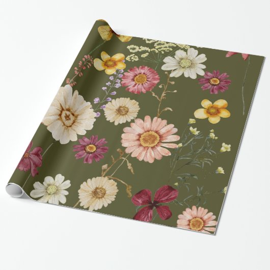 Sage Green Rustic Wildflower Wrapping Paper ラッピングペーパー (アンロールド)