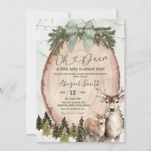 Sage Green Rustic Winter Deer Baby Shower 招待状 (正面)