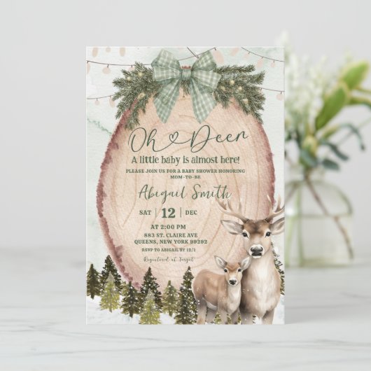 Sage Green Rustic Winter Deer Baby Shower 招待状 (スタンド正面)