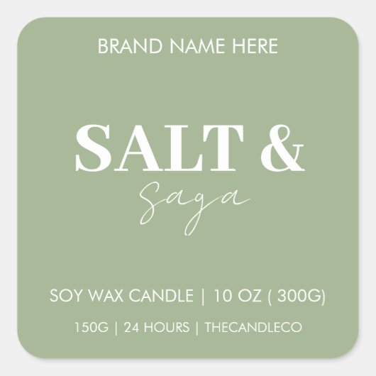 Sage Green Salt & Saga Custom Candle Label Sticker スクエアシール (正面)