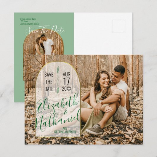 Sage Green Save the Dateカスタム Arch Photo Script ポストカード (正面/裏面)