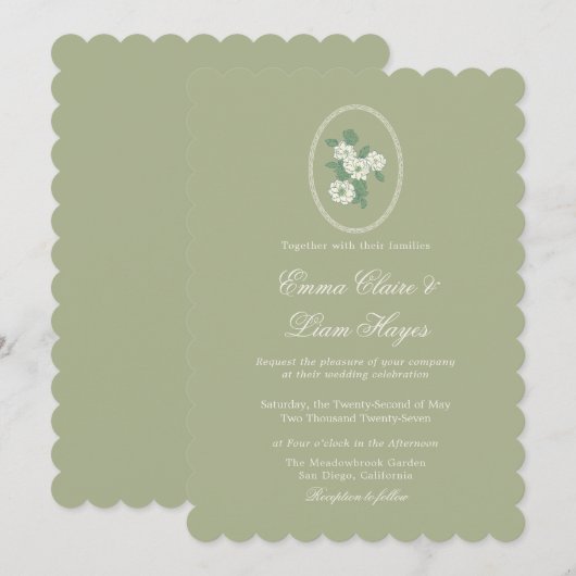 Sage Green Scalloped Wedding Invitation 招待状 (正面/裏面)