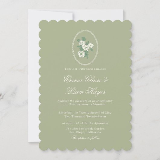 Sage Green Scalloped Wedding Invitation 招待状 (正面)