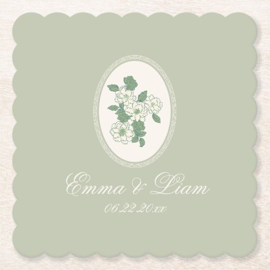 Sage Green Scalloped Wedding Paper Coasters ペーパーコースター (正面)