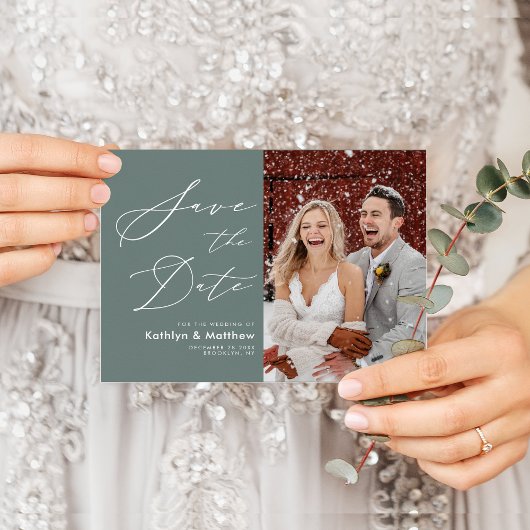 Sage Green Scriptエレガント Wedding日付を保存 案内ポストカード