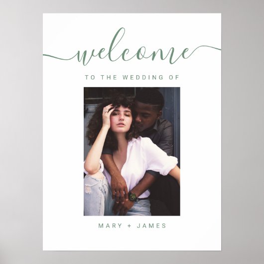 Sage Green Script写真の結婚ウェルカムサイン ポスター (正面)