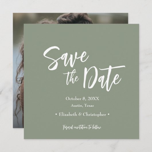Sage Green Script カジュアル Photo save the date 招待状 (正面/裏面)
