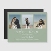 Sage Green Script 3フォトウェディング日付を保存 マグネット招待状 (正面/裏面)