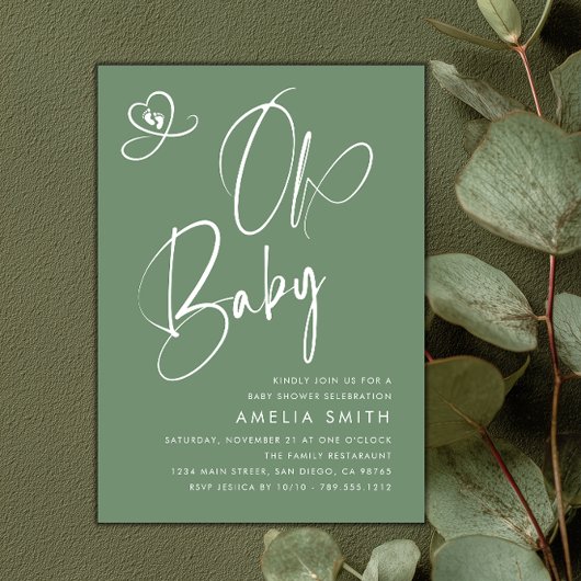 Sage Green Script Baby Shower 招待状