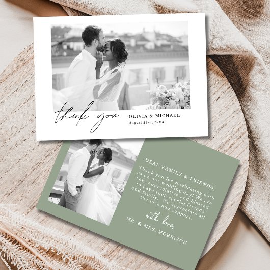 Sage Green Script Photoの結婚サンキューカード サンキューカード