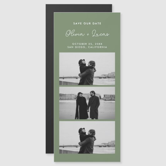 Sage Green Script Photo Strip Magnetic Wedding (正面/裏面)