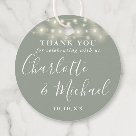 Sage Green Script String Lights Thank You フェイバータグ (裏面)