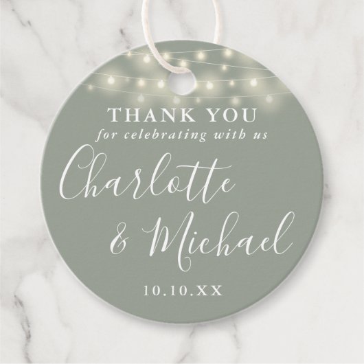Sage Green Script String Lights Thank You フェイバータグ (正面)