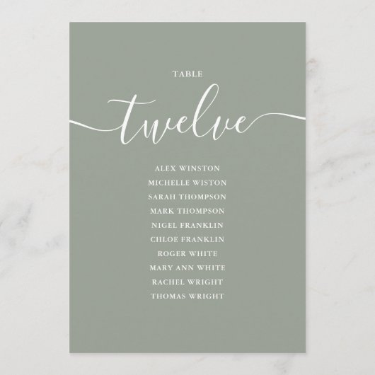 Sage Green Script Table Number 12 Seating Chart 招待状 (裏面)