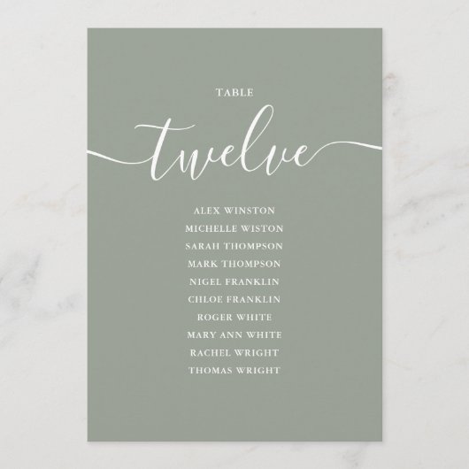 Sage Green Script Table Number 12 Seating Chart 招待状 (正面)