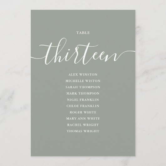 Sage Green Script Table Number 13 Seating Chart 招待状 (裏面)