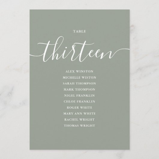 Sage Green Script Table Number 13 Seating Chart 招待状 (正面)