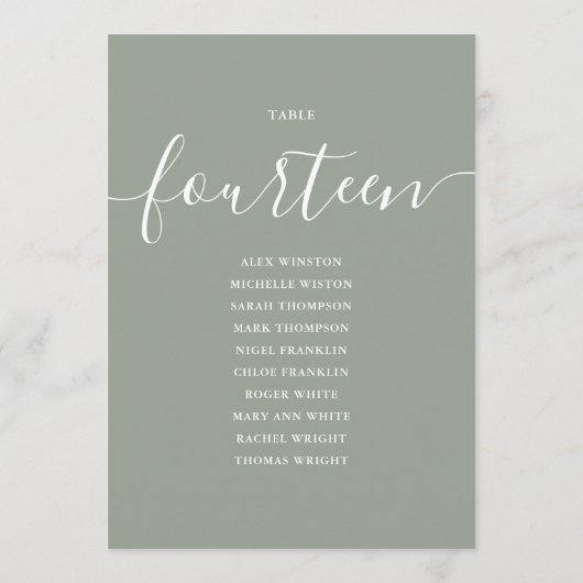 Sage Green Script Table Number 14 Seating Chart 招待状 (裏面)
